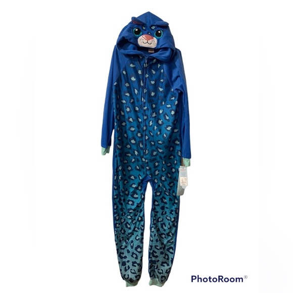 Cat & Jack Leopard Hooded Ears Girls Pajama Onesie Blue Burst Sz Large - Picture 2 of 6